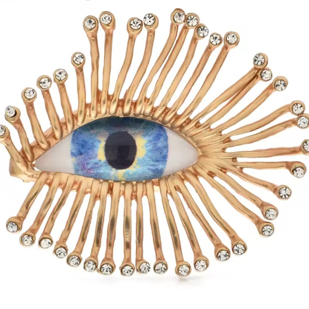 Mystic Gaze Gold Sunburst Crystal Blue Eye Motif Brooch - Picture 10 of 10